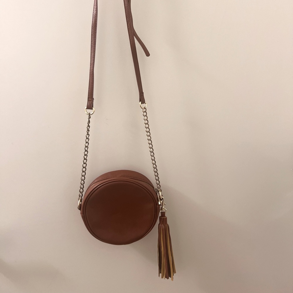 Camel colored circle crossbody bag